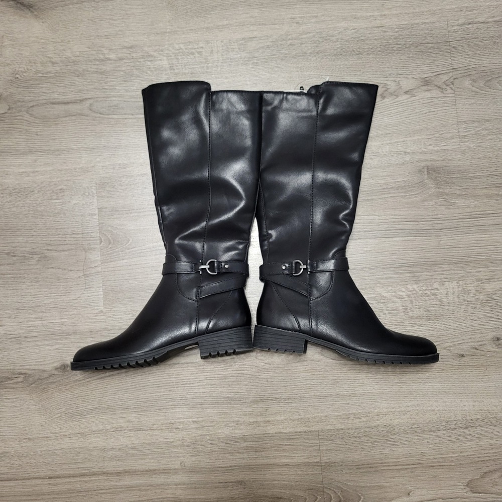 Black Kim Rogers Black Tall Riding Boots Women Size 6 Side Zip Lug Sole Classic